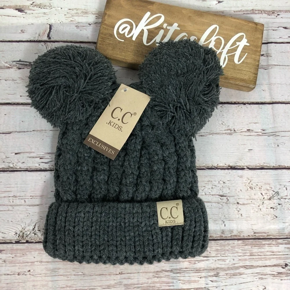CC Beanie Kids Chunky Cable‎ Knit Hat Double Pom